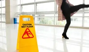 Slippery floor and caution wet floor sign.