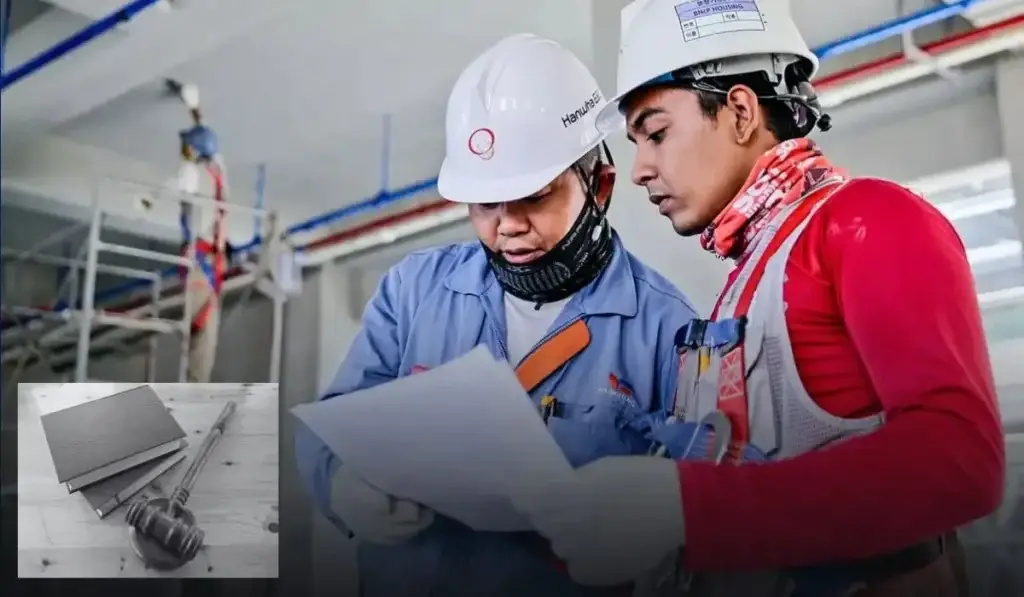 Construction workers discussing a document on-site, symbolizing workers' compensation claims process