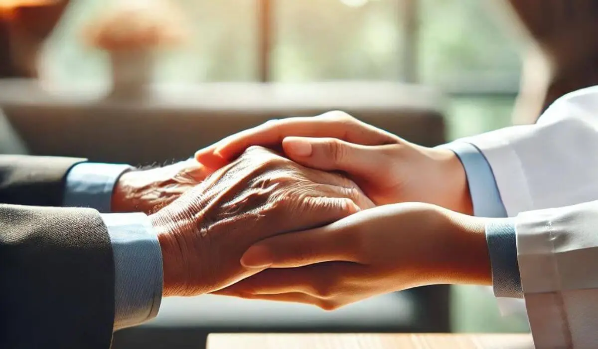 An elderly person holding hands with a younger individual, symbolizing care in a nursing home neglect settlement.