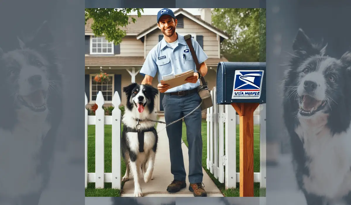 USPS worker delivering mail with a dog safely restrained behind a fence, following USPS Dog Bite Policy.