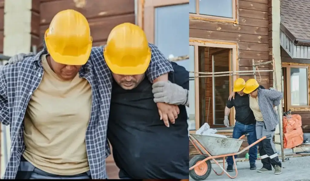 A construction worker assisting an injured colleague on a building site, symbolizing the importance of understanding workers' comp settlements.