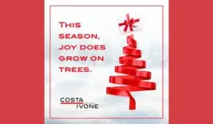 Red ribbon holiday tree with a gift on top promoting Costa Ivone Injury Lawyers Giving Tree Initiative.