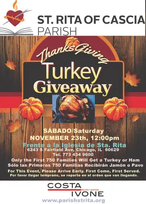 Official flyer for St. Rita Parish Thanksgiving Turkey Giveaway sponsored by Costa Ivone Injury Lawyers.