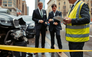 a professional insurance adjuster evaluating accident evidence at a crash site in urban Chicago