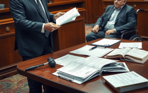 a courtroom scene with a personal injury lawyer presenting evidence to a judge; injured client sitting nearby in a wheelchair.