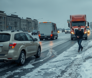 A snow-covered urban street with cars sliding on ice, a delivery worker slipping on a sidewalk, and a semi-truck skidding near a crosswalk.