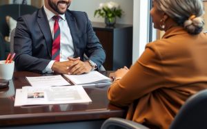 A personal injury lawyer is sitting with an immigrant client at a modern legal office in Chicago.