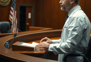 A courtroom scene featuring a calm, professional medical expert testifying on the witness stand.